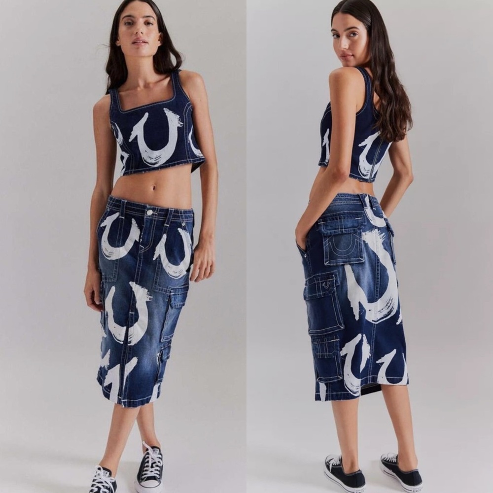 True Religion UO Exclusive Painted Horseshoe Denim Midi Skirt